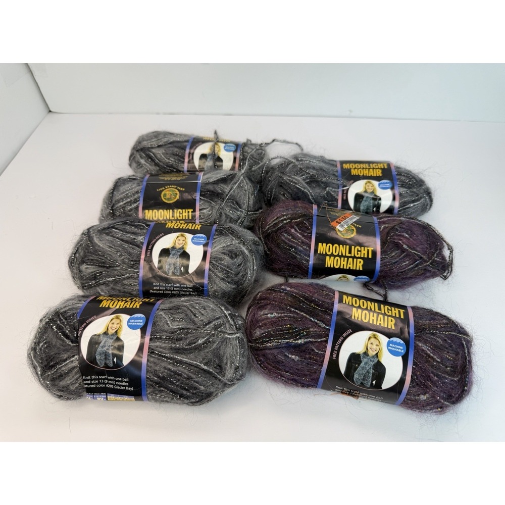 Lion Brand Moonlight Mohair‎ Yarn 2 Purple Mountains & 5 Tundra Metallic Lot 7